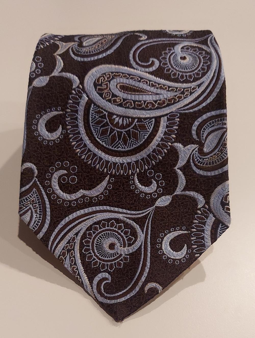 Vintage 70s Mr. John Deadstock Paisley Tie in Light Blue on Brown